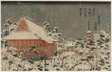 three women at the table by the lamp Painting - snow scene at sens ji temple at kinry zan in the eastern capital Keisai Eisen Ukiyoye